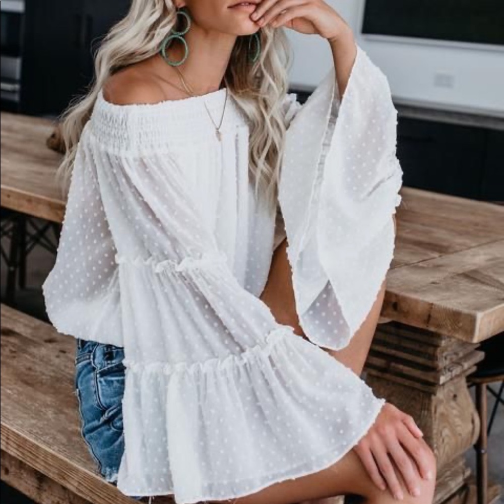 I'm Dreamin' Swiss Dot Off The Shoulder Top -Ivory
